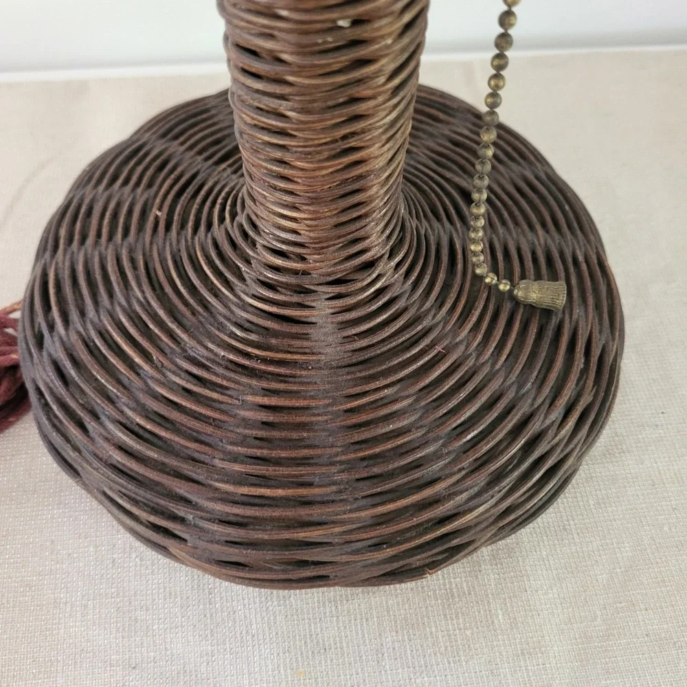 Antique Vintage Art Deco Mushroom Wicker Table Lamp Woven Rattan Brown 18